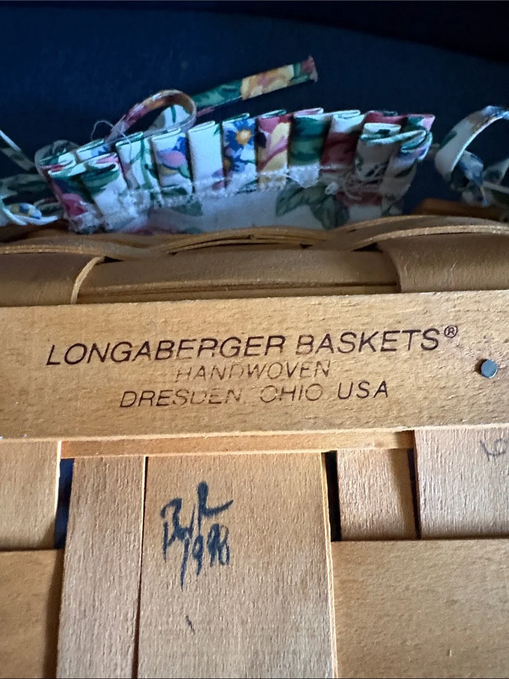 Longaberger Floral Lined Rectangular Basket with Wood Handles